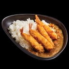 Japanese Curry with steamed rice and big fried shrimps