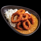 Japanese Curry with steamed rice and squid rings in panko breadcrumbs